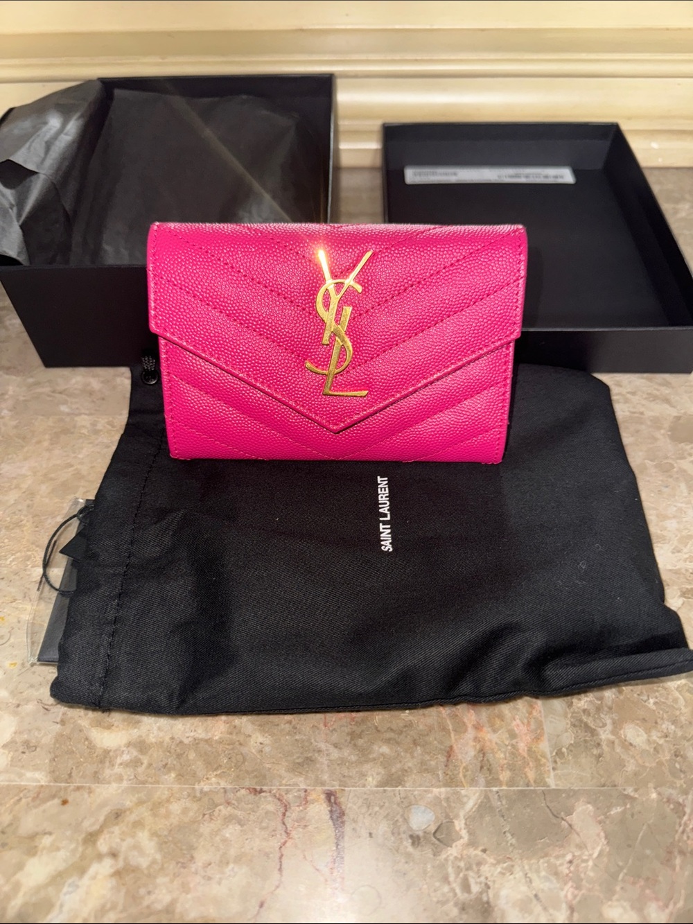 Saint Laurent Fuchsia Chevron Quilted Wallet with Gold YSL Emblem